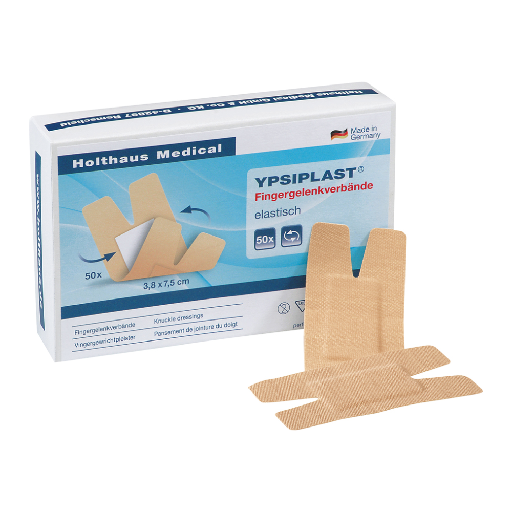 Box Holthaus Ypsiplast® finger joint bandage, elastic with 50 bandages from Holthaus Medical GmbH & Co. KG. These bandages, made in Germany, are designed for finger joints and each measure 3.8 x 7.5 cm, with two bandages depicted outside the box.