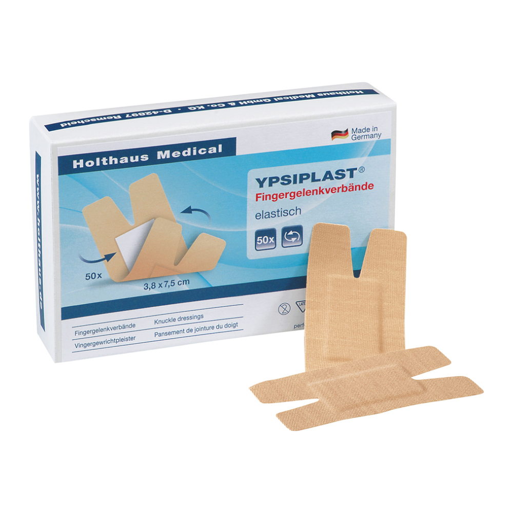 Schachtel Holthaus Ypsiplast® Fingergelenkverband, elastisch mit 50 Binden von Holthaus Medical GmbH & Co. KG. Diese in Deutschland hergestellten Binden sind für Fingergelenke konzipiert und messen jeweils 3,8 x 7,5 cm, wobei zwei Binden außerhalb der Schachtel abgebildet sind.