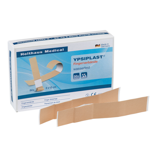 Abgebildet ist eine Schachtel Holthaus Ypsiplast® Fingerverband, wasserabweisend von Holthaus Medical GmbH & Co. KG. Die Schachtel enthält 50 Pflaster (2 x 12 cm) mit blau-weißer Beschriftung. Zwei Pflaster sind vor der Schachtel platziert. Der Text enthält Produktinformationen und gibt an, dass das Pflaster in Deutschland hergestellt wurde und sich ideal für Fingerwunden eignet.