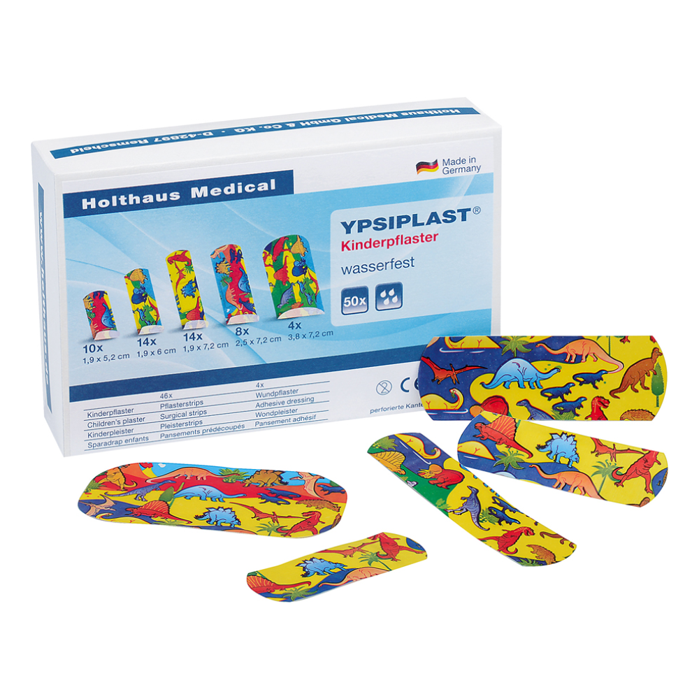 Eine Packung Holthaus Ypsiplast® Kinderpflaster von Holthaus Medical GmbH & Co. KG mit 50 Stück. Packung und Pflaster sind mit farbenfrohen Dino-Motiven gestaltet, wobei auf der Vorderseite der Packung fünf einzelne Pflaster in unterschiedlichen Größen abgebildet sind.