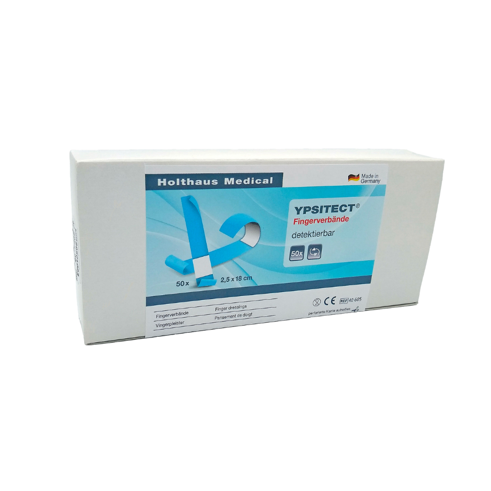 A box of Holthaus Ypsitect® detectable finger bandages by Holthaus Medical GmbH & Co. KG contains 50 pieces of elastic finger bandages measuring 2.5 x 18 cm. The packaging is designed on a white background with blue and gray design elements and informative text, including "Made in Germany." Ideal for reliable wound care.