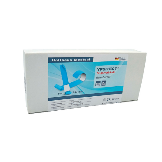 Eine Box Holthaus Ypsitect® Fingerverband detektierbarer Fingerverband der Holthaus Medical GmbH & Co. KG, enthält 50 Stück elastische Fingerverbände mit den Maßen 2,5 x 18 cm. Die Verpackung ist auf weißem Hintergrund mit blauen und grauen Designelementen und informativem Text, unter anderem „Made in Germany“, gestaltet. Ideal für eine zuverlässige Wundversorgung.