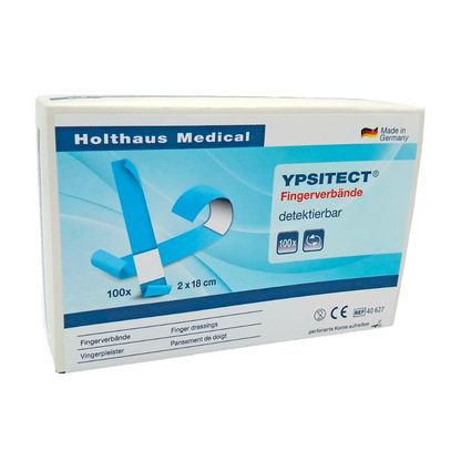 A box of Holthaus Ypsitect® detectable plasters by Holthaus Medical GmbH & Co. KG. The predominantly blue and white box contains 100 elastic finger bandages measuring 2 x 18 cm. The packaging is ideal for wound care and proudly highlights that the product is made in Germany.
