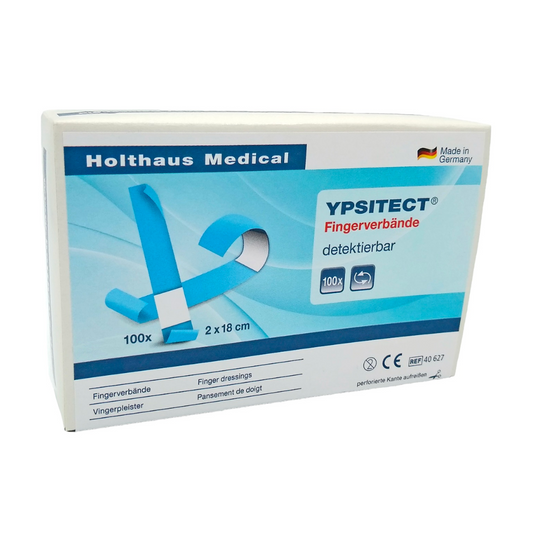 Eine Schachtel Holthaus Ypsitect® Fingerverband detektierbarer Pflaster von Holthaus Medical GmbH & Co. KG. Die hauptsächlich blau-weiße Schachtel enthält 100 elastische Fingerverbände mit den Maßen 2 x 18 cm. Die Verpackung ist ideal für die Wundversorgung und weist stolz darauf hin, dass das Produkt in Deutschland hergestellt wird.