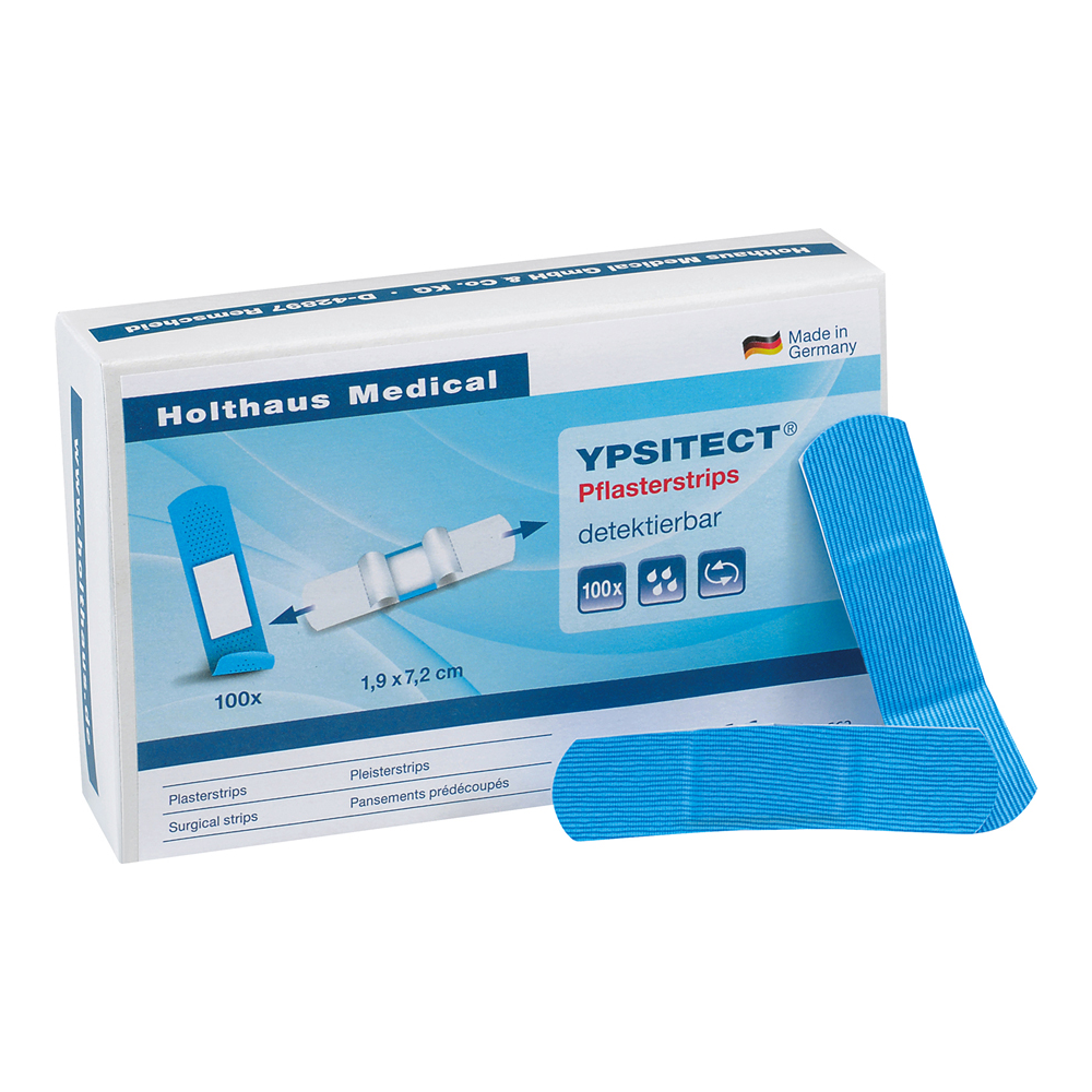 Abbildung einer Schachtel Holthaus Ypsitect® Pflasterstrips, wasserabweisend 1,9 x 7,2 cm, 100 Stück. Auf der Schachtel ist deutlich zu erkennen, dass sie 100 chirurgische, selbstklebende Pflasterstreifen enthält. Außerhalb des Felds werden zwei blaue Streifen angezeigt. Dieses Produkt wird in Deutschland von Holthaus Medical GmbH & Co. KG hergestellt und verfügt über wasserabweisende Pflasterstrips.