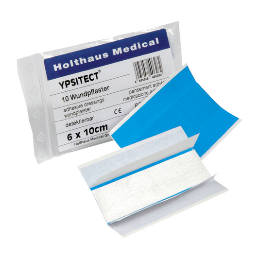 Eine Packung mit der Aufschrift „Holthaus Ypsitect® Wundpflaster, wasserabweisend 6 x 10 cm – 10 Pflaster | Packung (1 Stück)“ von Holthaus Medical GmbH & Co. KG enthält wasserabweisende Pflaster. Eines der Pflaster ist teilweise von seiner Schutzhülle entfernt, so dass seine blaue Rückseite und die klebrige Oberfläche sichtbar sind. Die Packung gibt eine Größe von 6 x 10 cm an und umfasst 10 Stück.