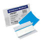 A package labeled “Holthaus Ypsitect® Wound Plaster, water-repellent 6 x 10 cm – 10 plasters | Pack (1 piece)” from Holthaus Medical GmbH & Co. KG contains water-repellent plasters. One of the plasters is partially removed from its protective cover, revealing its blue back and sticky surface. The package indicates a size of 6 x 10 cm and includes 10 pieces.