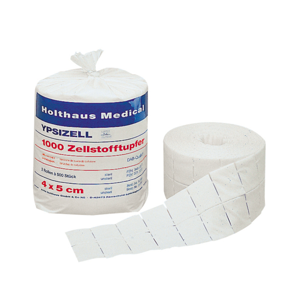 Pictured are two rolls of medical gauze from Holthaus Medical GmbH & Co. KG. The left roll with the label “Holthaus Ypsizell Cellulose Swabs, non-sterile 2 x 500 | Pack (1000 pieces)” is packaged, while the right roll with a partially unrolled strip is unpackaged. The rolls are ideal for wound care and skin cleansing and measure 4 cm by 5 cm each.