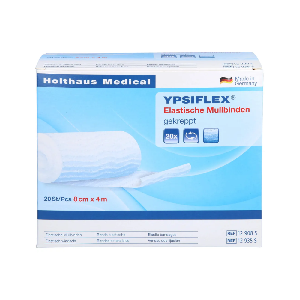 Eine blau-weiße Schachtel Holthaus Ypsiflex® Elastische Mullbinde von Holthaus Medical GmbH & Co. KG, gekennzeichnet als *Klinikpackung*. Die Verpackung gibt an, dass es sich um 20 Stück handelt, die jeweils 8 cm x 4 m groß sind. Der Text ist mehrsprachig und das Produkt wird in Deutschland hergestellt. Perfekt für *Wundauflagen-Fixierung*.