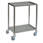 Der Novocal Fahrbarer Instrumententisch mit 2 herausnehmbaren Böden aus Edelstahl von Novocal verfügt über vier Schwenkrollen und eignet sich ideal für den Transport von Gegenständen in medizinischen oder industriellen Bereichen.