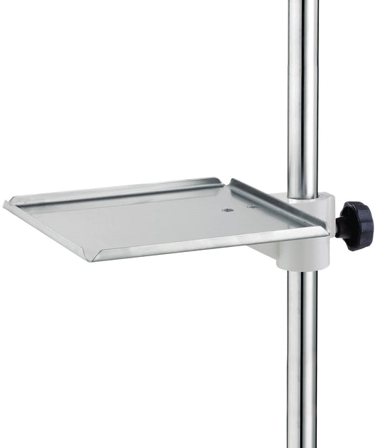 Die Novocal Ablageplatte für Infusionsständer aus Edelstahl (315 x 275 mm) mit Handra bietet drei erhöhte Kanten, verstellbaren Knopf und Halterung - ideal zum sicheren Abstellen medizinischer Utensilien. Packung: 1 Stück.