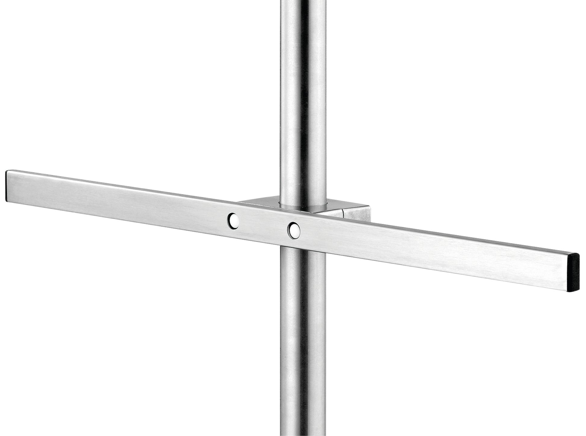 Die Novocal Euroschiene für Infusionsständer ist eine 558 mm lange, höhenverstellbare Edelstahlschiene (Edelstahl 1-fach) mit rechteckigem Querstück, zwei runden Verschlüssen und schwarzen Endkappen - ideal für medizinische Einrichtungen. Einfacher weißer Hintergrund.