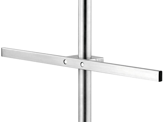 Die Novocal Euroschiene für Infusionsständer ist eine 558 mm lange, höhenverstellbare Edelstahlschiene (Edelstahl 1-fach) mit rechteckigem Querstück, zwei runden Verschlüssen und schwarzen Endkappen - ideal für medizinische Einrichtungen. Einfacher weißer Hintergrund.