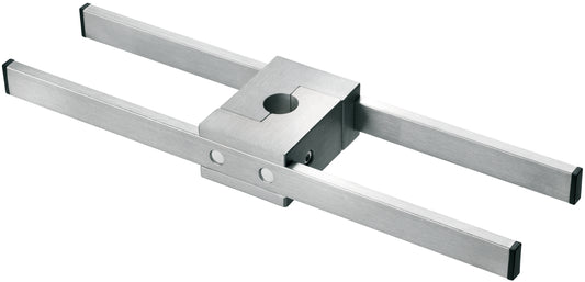 Rechteckige Novocal Euroschienenhalterung aus Edelstahl mit zwei parallelen Stäben und zentralem Nutenstein, inklusive Bohrung und Schrauben, zur verstellbaren Befestigung eines 25 mm Rundrohr-Infusionsständers (1er Pack).