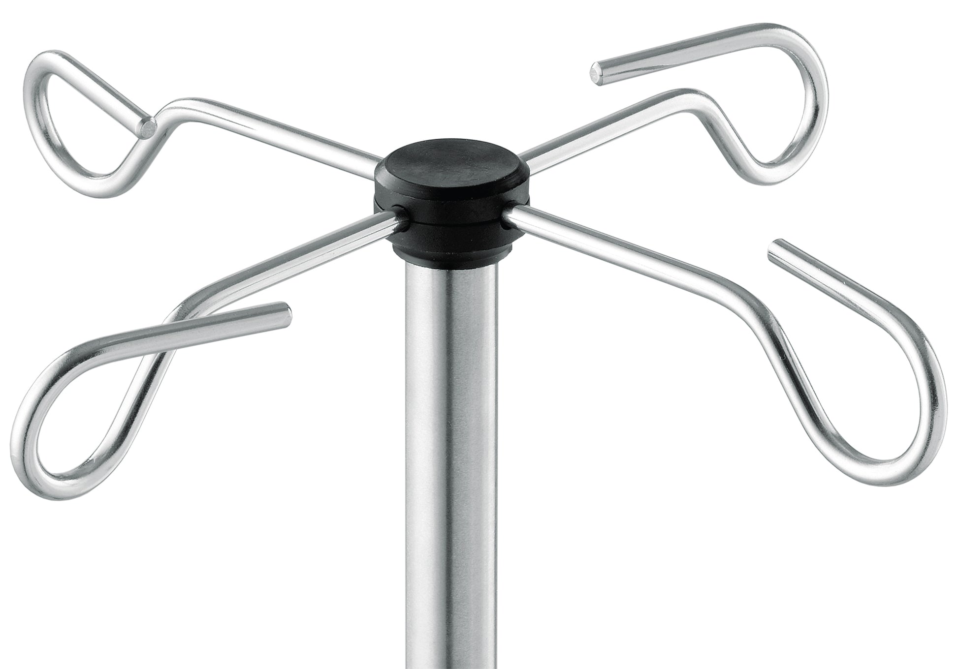 Nahaufnahme des Novocal Flaschenkreuzes für Infusionsständer von Novocal mit vier symmetrisch angeordneten Metallhaken zum sicheren Halten medizinischer Infusionsbeutel.