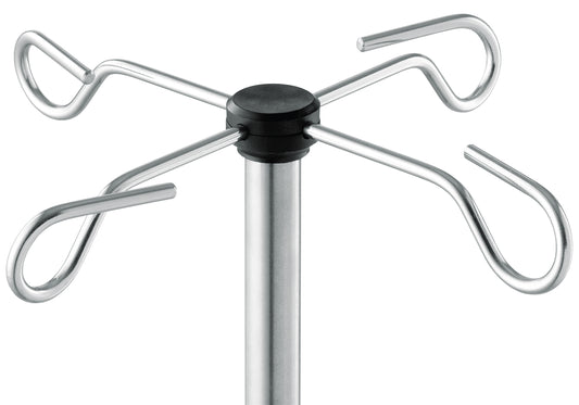 Nahaufnahme des Novocal Flaschenkreuzes für Infusionsständer von Novocal mit vier symmetrisch angeordneten Metallhaken zum sicheren Halten medizinischer Infusionsbeutel.