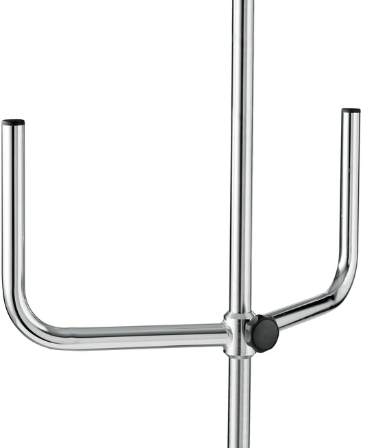 Eine Nahaufnahme des Novocal Infusionspumpenhalters für Pumpen zeigt seinen stabilen Metallständer mit einer zentralen Stange und zwei U-förmigen horizontalen Armen, die jeweils mit einer schwarzen Kappe versehen sind - perfekt für die Befestigung von Infusionspumpen.