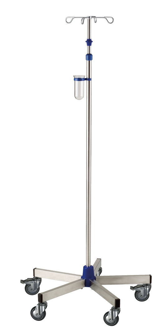 Der Novocal Infusionsständer Intensiv aus Edelstahl (Rohrdurchmesser 25/18 mm), mit fünf Rollen, vier Haken und transparentem Behälter, eignet sich ideal für den Einsatz in medizinischen Einrichtungen.