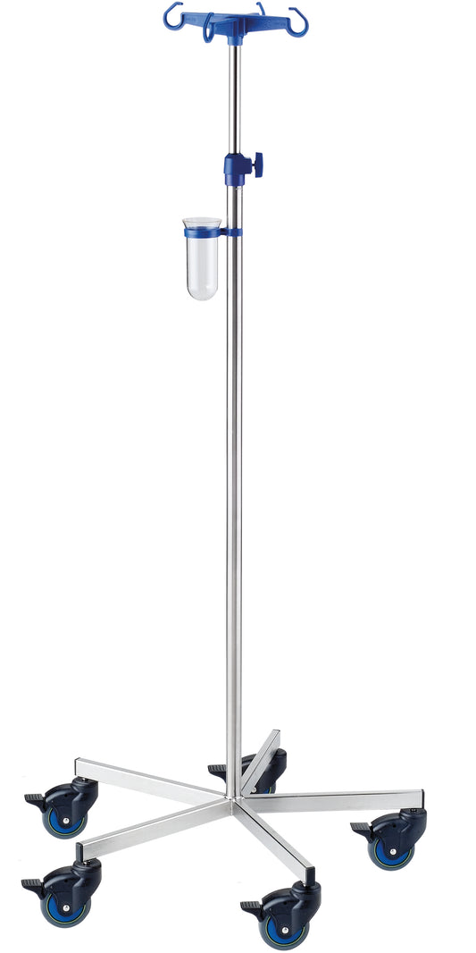 Der antimagnetische Novocal Infusionsständer MRT aus Edelstahl (Rohrdurchmesser 25/18 mm) verfügt über vier Haken, eine verstellbare Stange, fünf Rollen und einen kleinen transparenten Behälter für flexible Mobilität.