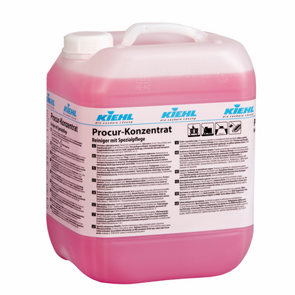 A large, transparent plastic container with a white lid contains the pink Kiehl Procur Concentrate Cleaner with special care from Johannes Kiehl KG. The label displays the product name as well as application instructions and pictograms.