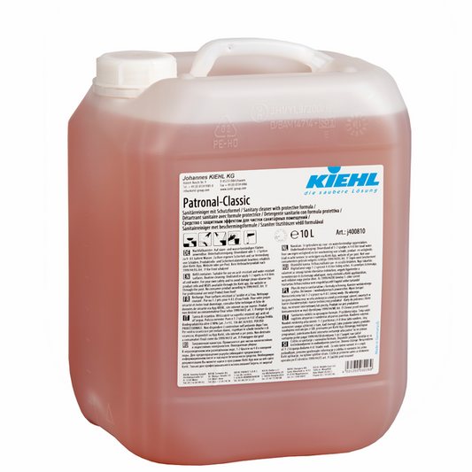 Kiehl Patronal-Classic Sanitärreiniger mit Schutzformel der Johannes Kiehl KG in einem 10-Liter-Behälter aus transluzentem Kunststoff mit weißem Deckel und Griff, mit einem Etikett, das die biologisch abbaubare Rezeptur und die mehrsprachigen Sicherheitshinweise hervorhebt.