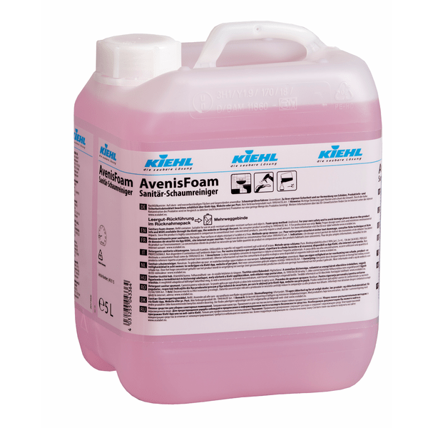 A transparent plastic container with a white lid and handle, filled with pink liquid. The label reads "Kiehl AvenisFoam sanitary foam cleaner" by Johannes Kiehl KG for thorough cleaning of hygiene surfaces. Includes pictogram and instructions.