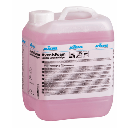 A transparent plastic container with a white lid and handle, filled with pink liquid. The label reads "Kiehl AvenisFoam sanitary foam cleaner" by Johannes Kiehl KG for thorough cleaning of hygiene surfaces. Includes pictogram and instructions.