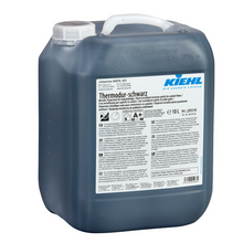 Ein 10-Liter-Kanister Thermodur-schwarz Universal-Dispersion der Johannes Kiehl KG für Asphaltböden, in einem dunklen Kunststoffbehälter mit weißem Deckel und Etikett mit Verwendungs- und Sicherheitshinweisen.