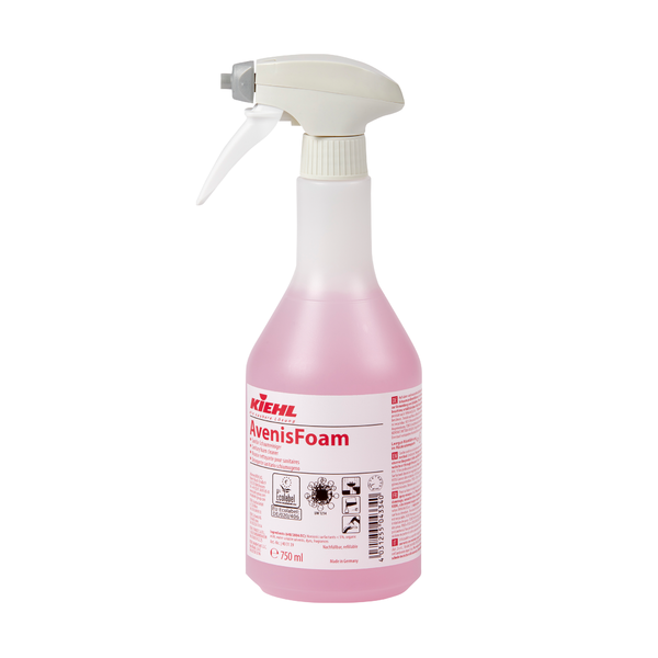 Kiehl AvenisFoam Sanitär-Schaumreiniger der Johannes Kiehl KG in einer 750-ml-Kunststoffsprühflasche, gefüllt mit rosafarbenem Schaum, mit weißer Auslösetülle und Etikett mit Hinweisen zur gründlichen Reinigung.