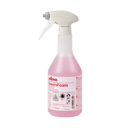 Kiehl AvenisFoam sanitary foam cleaner by Johannes Kiehl KG in a 750 ml plastic spray bottle, filled with pink foam, with a white trigger nozzle and label with instructions for thorough cleaning.