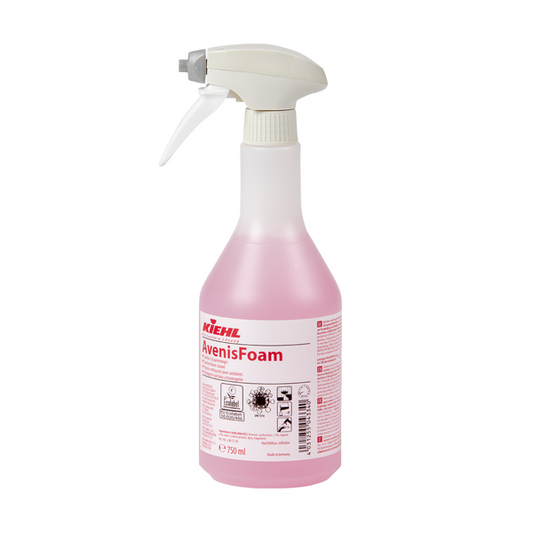 Kiehl AvenisFoam Sanitär-Schaumreiniger der Johannes Kiehl KG in einer 750-ml-Kunststoffsprühflasche, gefüllt mit rosafarbenem Schaum, mit weißer Auslösetülle und Etikett mit Hinweisen zur gründlichen Reinigung.