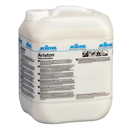 Ein weißer 10-Liter-Kunststoffkanister Kiehl Ariston Polymer-Wischglanz der Johannes Kiehl KG mit einem Henkel und einem Etikett mit Produktangaben, Hinweisen und Sicherheitssymbolen in schwarzer und blauer Schrift.