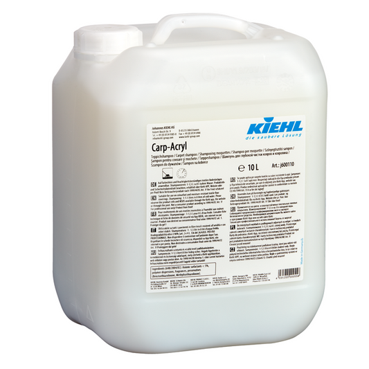 Ein 10-Liter-Kanister Kiehl Carp-Acryl Teppichshampoo der Johannes Kiehl KG mit Tragegriff und mehrsprachigem Etikett mit Produktinformation. Ideal für die Teppichreinigung mit seiner effektiven Shampooformel.