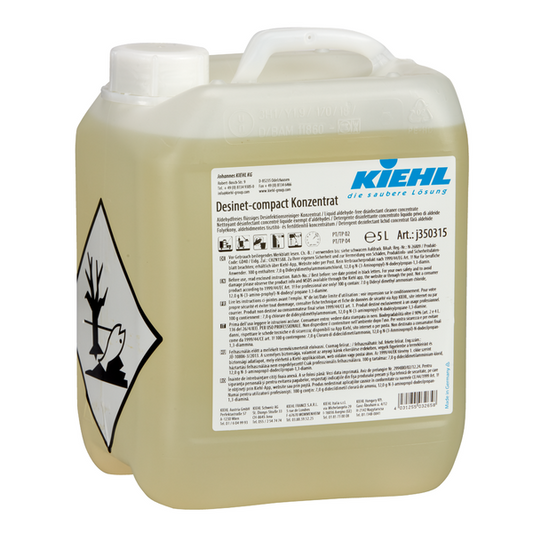 Ein 5-Liter-Kunststoffgebinde Kiehl Desinet-compact Konzentrat (aldehydfrei) der Johannes Kiehl KG mit Anleitung, Warnhinweisen und einem Gefahrensymbol für Umweltgefahren auf dem Etikett.