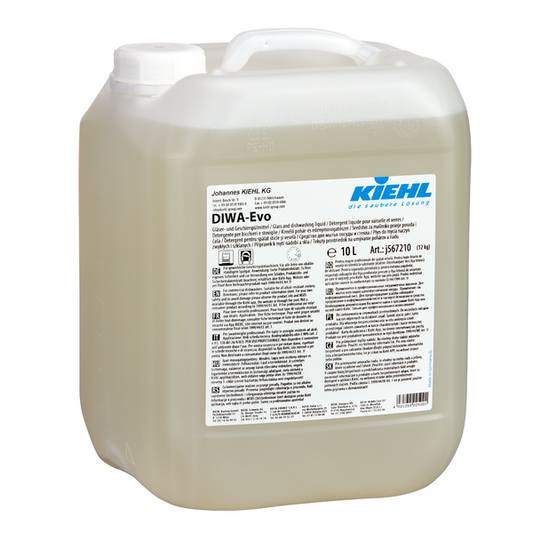 Ein transluzenter 10-Liter-Kunststoffbehälter mit weißem Deckel ist mit Kiehl DIWA-Evo Gläser- und Geschirrspülmittel gefüllt. Auf dem Etikett der Johannes Kiehl KG sind Produktdetails und Sicherheitshinweise angegeben.