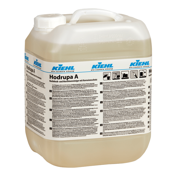 The Kiehl Hodrupa A high-pressure and machine cleaner with corrosion protection from Johannes Kiehl KG is contained in a translucent plastic container with a white lid and is suitable for use in high-pressure cleaning systems. The multilingual label provides information about application and properties.