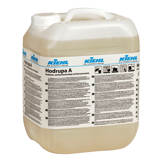 The Kiehl Hodrupa A high-pressure and machine cleaner with corrosion protection from Johannes Kiehl KG comes in a translucent plastic container with a white lid and is suitable for use in high-pressure cleaning systems. The multilingual label provides information on its application and properties.