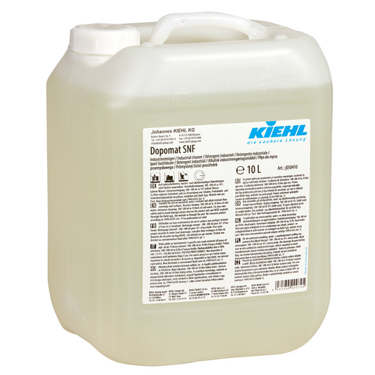Ein 10-Liter-Behälter aus durchsichtigem Kunststoff mit Griff und weißem Deckel mit der Aufschrift "Kiehl Dopomat SNF Industriereiniger" der Johannes Kiehl KG. Das Etikett zeigt Sicherheitssymbole, mehrsprachigen Text und Angaben zum Industriereiniger.