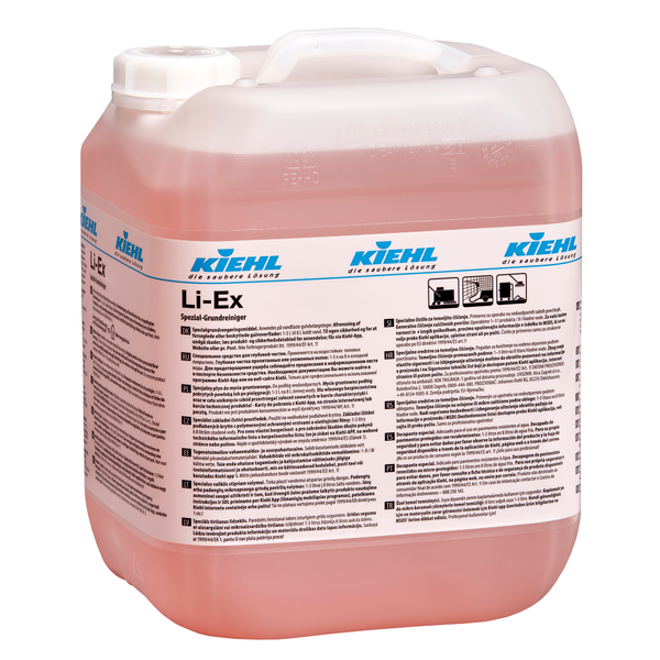 A transparent plastic container with a handle contains the pink "Kiehl Li-Ex Special Deep Cleaner" from Johannes Kiehl KG with application instructions and safety symbols. Ideal for removing stubborn dirt.