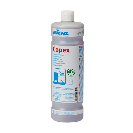 Die hohe, graue, zylindrische Flasche mit weißer Kappe und der Aufschrift Kiehl Copex Allround-Grundreiniger" der Johannes Kiehl KG enthält eine mehrsprachige Gebrauchsanweisung, ein Umweltzeichen, eine Grafik und Angaben zur effektiven Reinigung verschiedener Oberflächen.