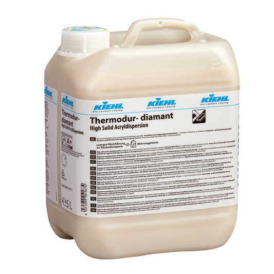 Ein 5-Liter Johannes Kiehl KG Thermodur-diamant High-Solid-Acryldispersion (Karton, 2 Flaschen) mit hoher Deckkraft und detaillierten mehrsprachigen Etiketten an der Seite.