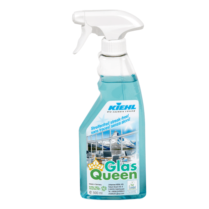 The 500 ml spray bottle of Kiehl GlasQueen glass and surface cleaner from Johannes Kiehl KG has a white trigger, blue liquid, a multilingual cleaning guide, and a picture of streak-free clean windows on the label.
