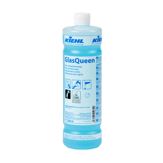 Eine blaue Flasche mit der Aufschrift "Kiehl GlasQueen Glas- und Oberflächenreiniger" der Johannes Kiehl KG, mit weißer Kappe, Piktogrammen und Anwendungshinweisen für den streifenfreien Glas- und Oberflächenreiniger sowie Produktinformationen in Deutsch und Englisch.