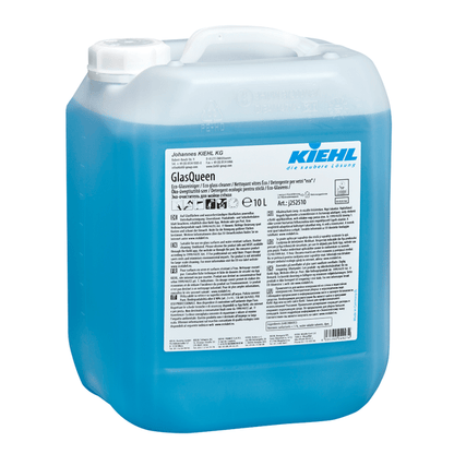 A 10-liter container made of translucent plastic from Johannes Kiehl KG Kiehl GlasQueen glass and surface cleaner with blue liquid and a white, multilingual label for a streak-free finish.
