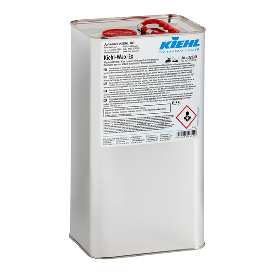 Der Johannes Kiehl KG Kiehl-Wax-Ex Wachsentferner 5 L (Karton mit 2 Flaschen) ist ein rechteckiger Metallbehälter mit rotem Deckel und Warnsymbolen, ideal zur professionellen Gebäudereinigung und Bodenreinigung.