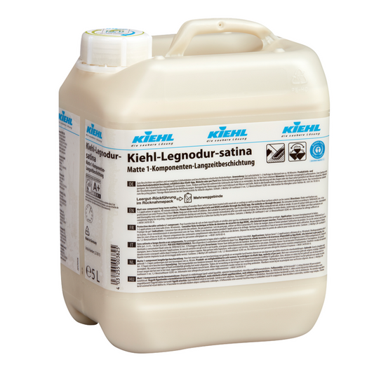 Eine 5-Liter-Flasche Kiehl-Legnodur-satina Matte 1-Komponenten-Permanentbeschichtung der Johannes Kiehl KG (2 pro Karton), geliefert in einem hellen, handlichen Gebinde mit ausführlicher mehrsprachiger Beschriftung.