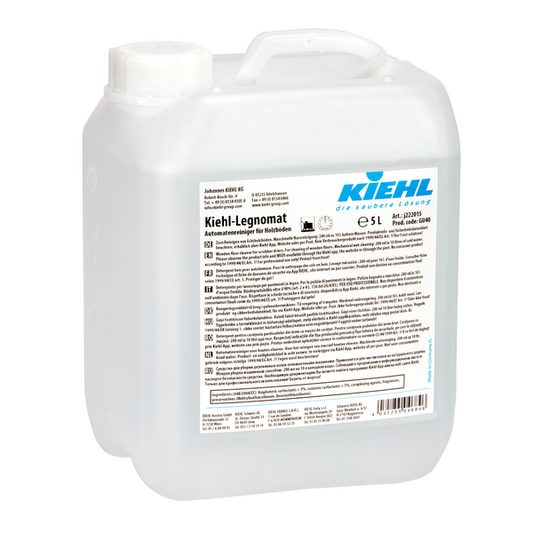Der Kiehl-Legnomat Automatenreiniger für Holzböden (5 L, 2 Flaschen) der Johannes Kiehl KG ist ein transparenter Kunststoffbehälter mit weißem Deckel, mehrsprachig beschriftet und ideal für die maschinelle Reinigung von Holzböden.