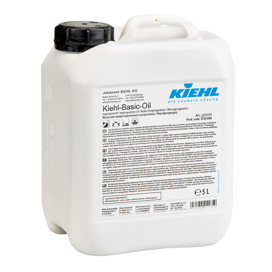 Ein weißer 5-Liter-Kunststoffbehälter mit schwarzem Deckel und der Aufschrift "Kiehl Kiehl-Basic-Oil Imprägnieröl" der Johannes Kiehl KG trägt auf der Vorderseite mehrsprachige Markenangaben und Pflegehinweise für Holzoberflächen.