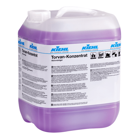 A large, transparent plastic container with a handle and a screw-on cap, filled with a purple liquid. The label reads "Kiehl Torvan Concentrate Active Cleaner" by Johannes Kiehl KG and includes multilingual product information.