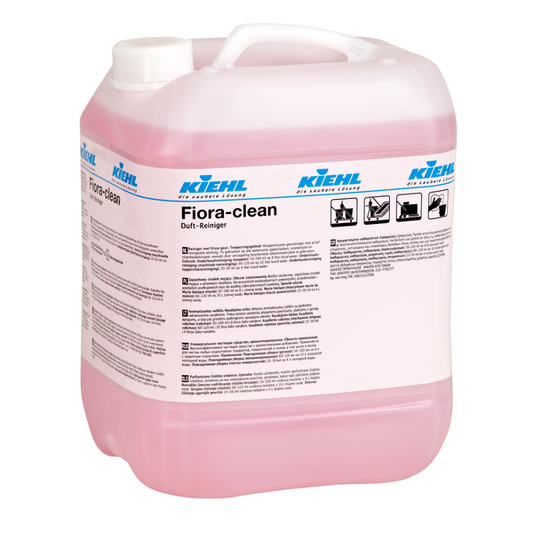 Ein 10-Liter-Kanister Kiehl Fiora-Clean Duft-Reiniger der Johannes Kiehl KG, mit weißem Verschluss, rosa Flüssigkeit und Etikett mit Produktinformationen und Anwendungshinweisen.